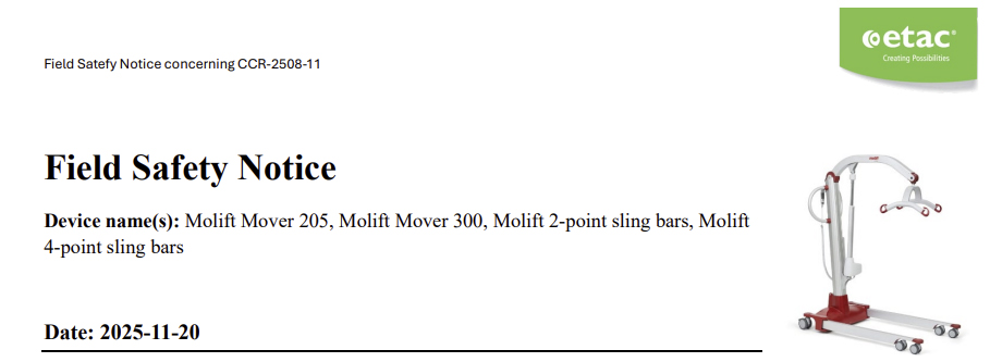 Etac issues Field Safety Notice for Molift Mover and Sling Bar products