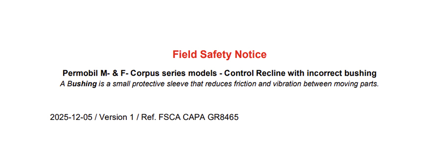 Field Safety Notice: Permobil powerchairs – Voluntary correction to backrest safety component