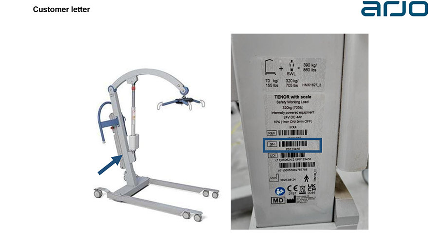 Field Safety Notice issued for Arjo Tenor patient lifts used in healthcare settings