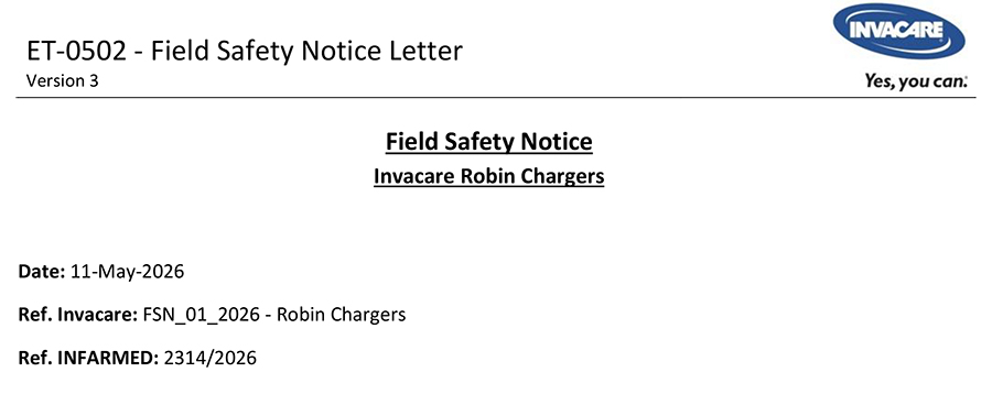 Field Safety Notice issued for Invacare Robin chargers used with ceiling hoists