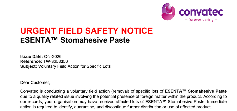 Field Safety Notice Convatec ESENTA Stomahesive Paste image